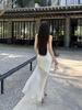 Elegant Imported Acetate Spliced Tulle Maxi Camisole Dress - Slim Fit Goddess Seaside Vacation Fishtail Design