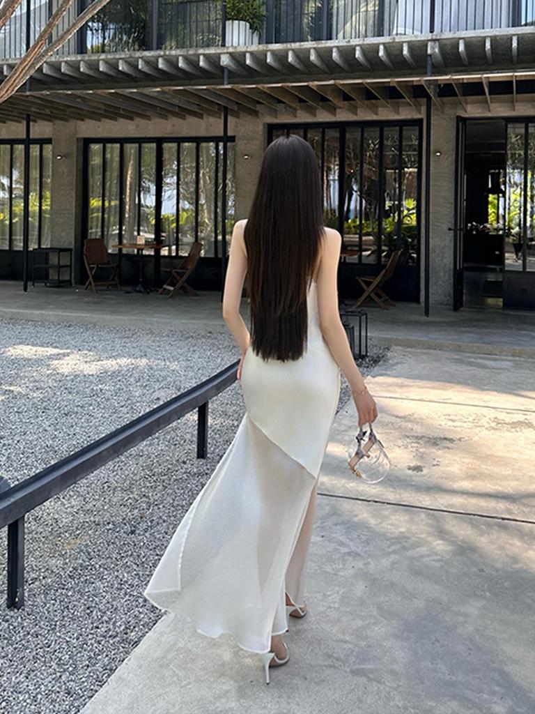 Elegant Imported Acetate Spliced Tulle Maxi Camisole Dress - Slim Fit Goddess Seaside Vacation Fishtail Design