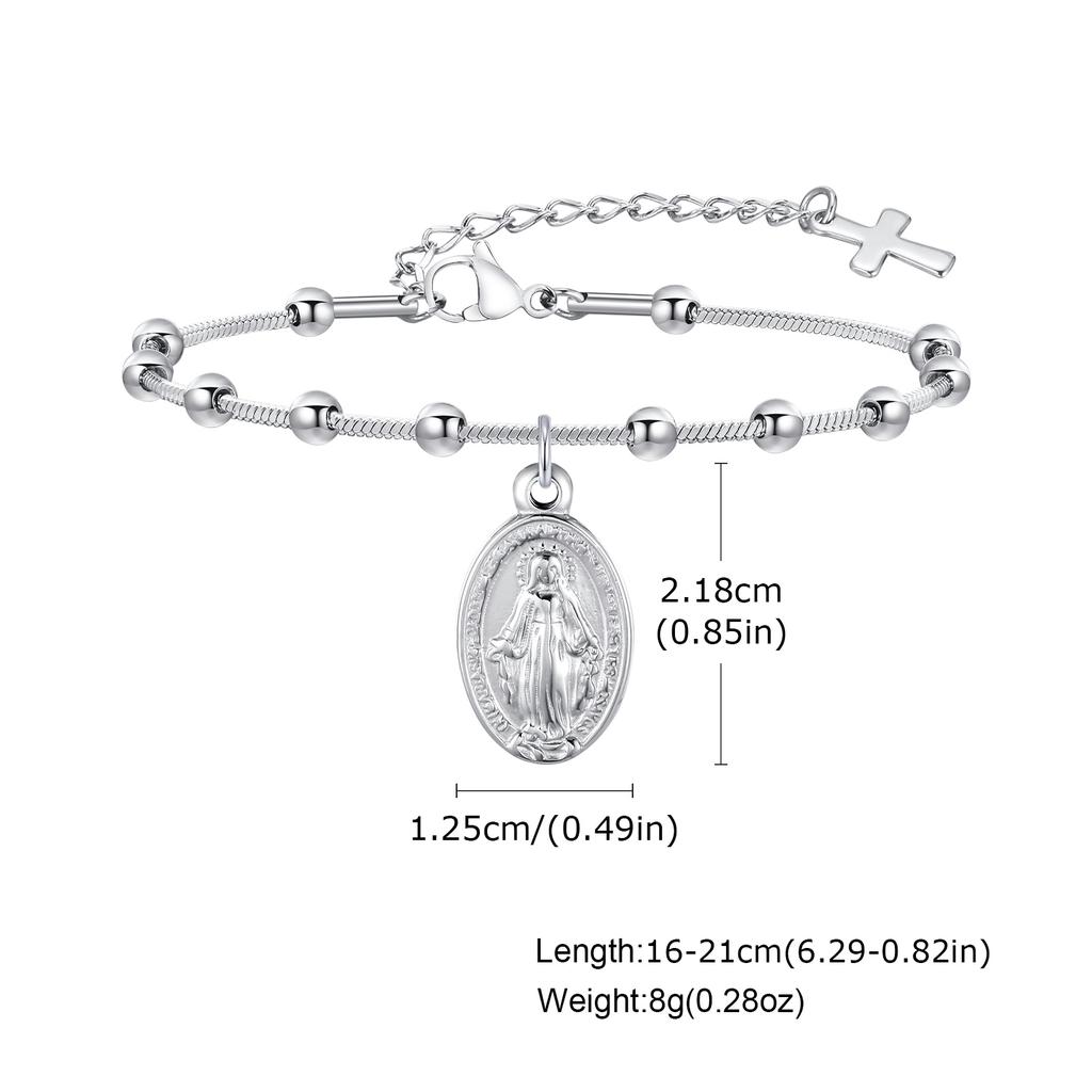 Holy Rosary Cross Virgin Mary Charm Bracelet for Women, Double Sides Religious Prayer Beaded Bracelet, Stainless Steel Jewelry