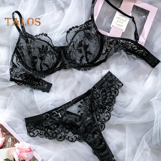 2 Pcs/Set Bra Briefs Set See-through Lace Embroidery with Wire Thin High Waist Tong Wedding Night Honeymoon Valentines Day Underwear Set