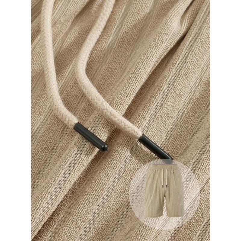 Mens Casual Two Piece Outfit Textured Short Sleeve Cuban Collar Shirt And Drawstring Shorts Set