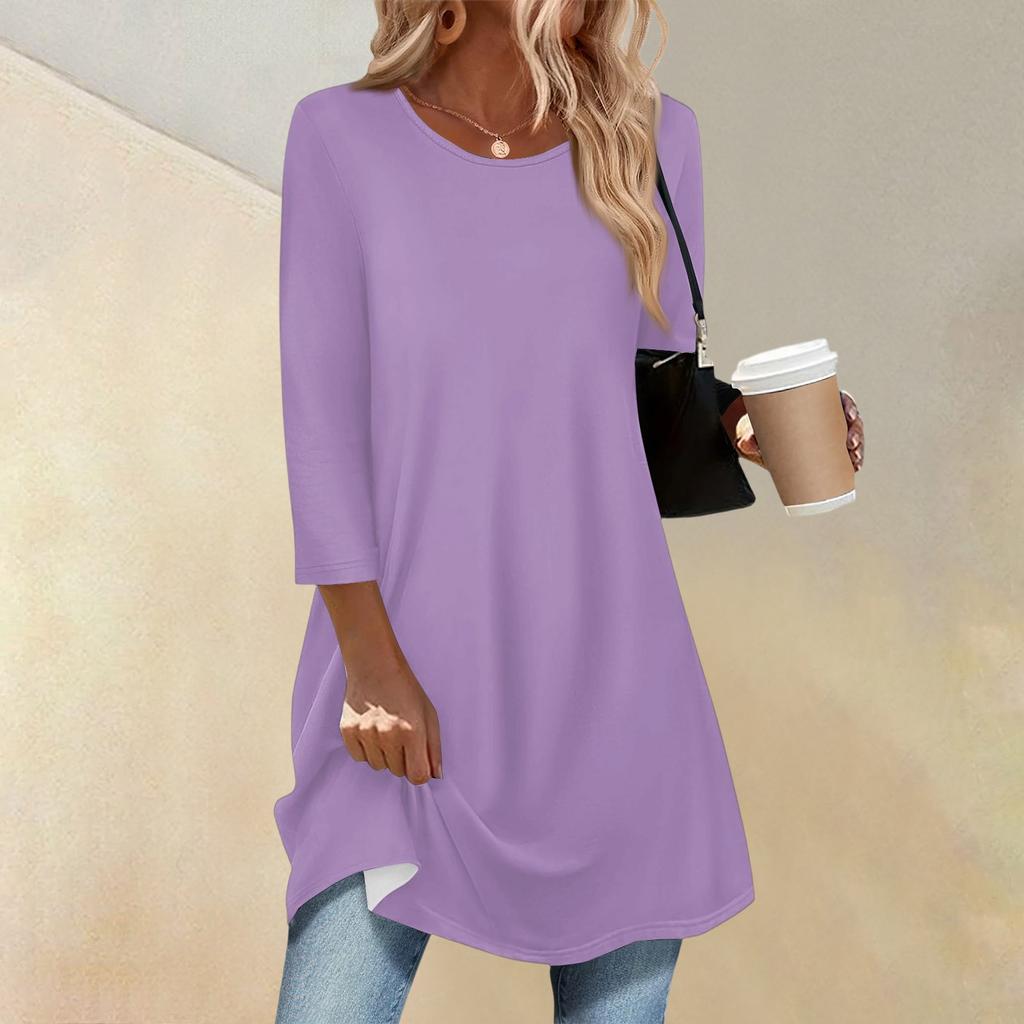 Women's Fashion Casual Three-quarter Sleeve Long Solid Color Round Neck Top