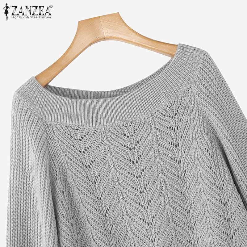 ZANZEA Autumn Winter Women Off Shoulder Long Sleeve Knitted Hollow Sweater Jumper Pullovers
