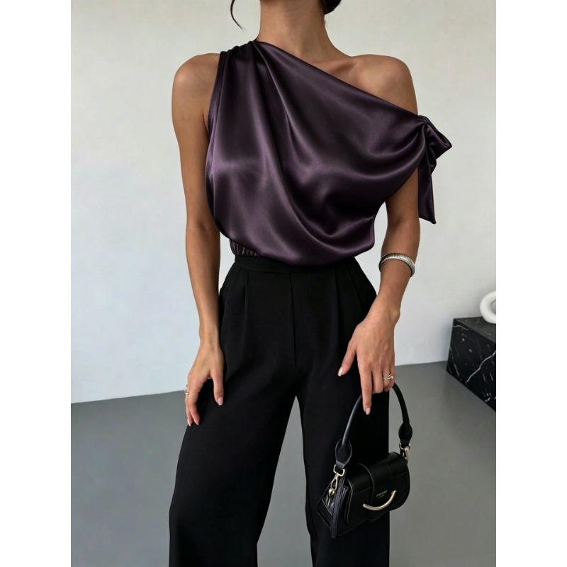 Women One Shoulder Satin Blouse With Bow Detail Elegant Sleeveless Party Tops