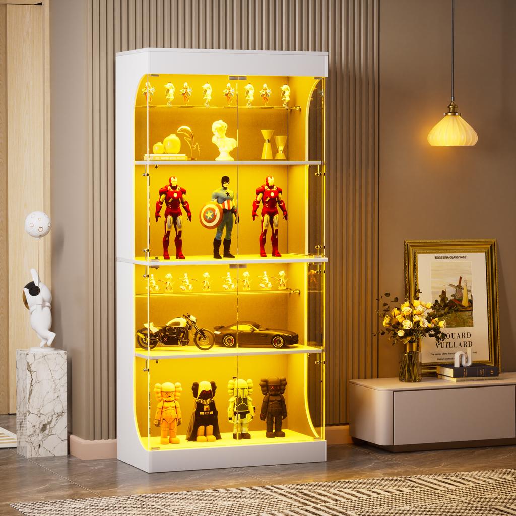 Four-tier glass display cabinet, storage, LED lighting, glass doors, smart sensors, dustproof, for living room, bedroom, offices. White. 80*35*165cm