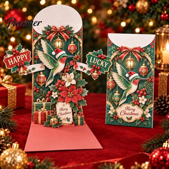 Reindeer Design Holiday Stationery 3D Pop Up Christmas Card, Money Gift Card Holder with Decorative Paper Craft Cards Cash Slot, Hummingbird