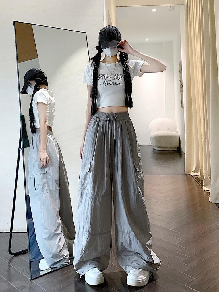[Real shot three-dimensional waist] Tooling wide-leg pants women's summer large size loose ice silk quick-drying casual pants sports straight