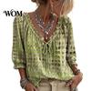 Comoda Maglietta da Viaggio da Donna Estiva Casual, Blusa con Scollo a V e Laccetti, Maniche 3/4, Blusa a Quadri Oversize con Stampa, Top Larghi e Svasati, Leggera