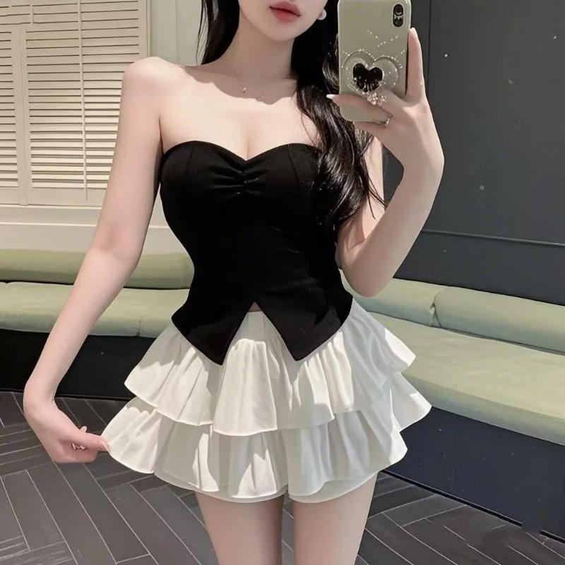 Summer Women's Strapless Bustier Top Slim Fit Ruched Asymmetrical Hem Crop Camisole