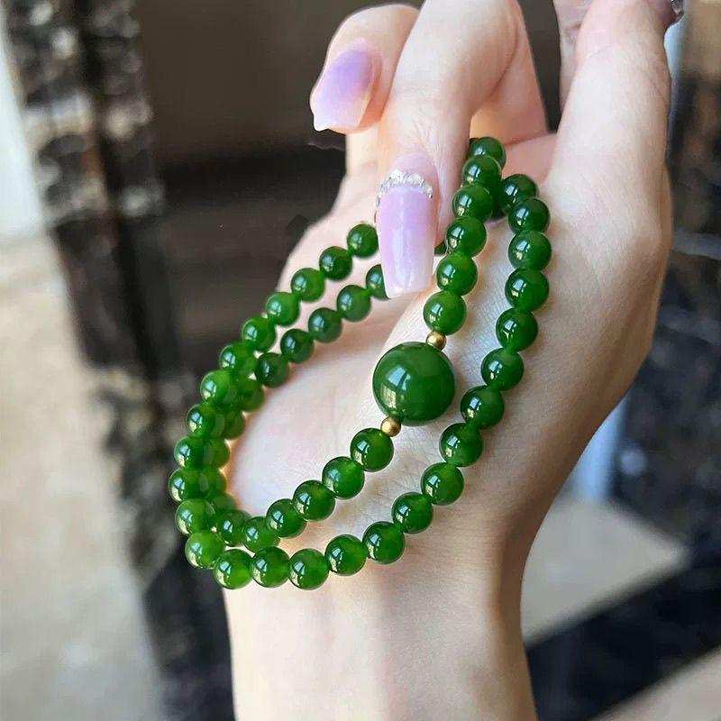 Chinese Style Emerald Green Triple-Circle Bracelet - DIY Multi-Layer Lucky Gift for Women, Friends, or Girlfriends
