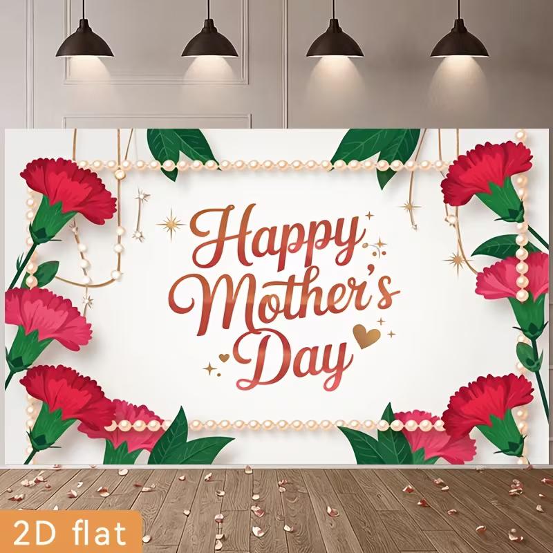 

2D Mother s Day Photography Backdrop Happy Mother s Day with Carnation and Pearl Background 47.2x31.5inch/120*80cm