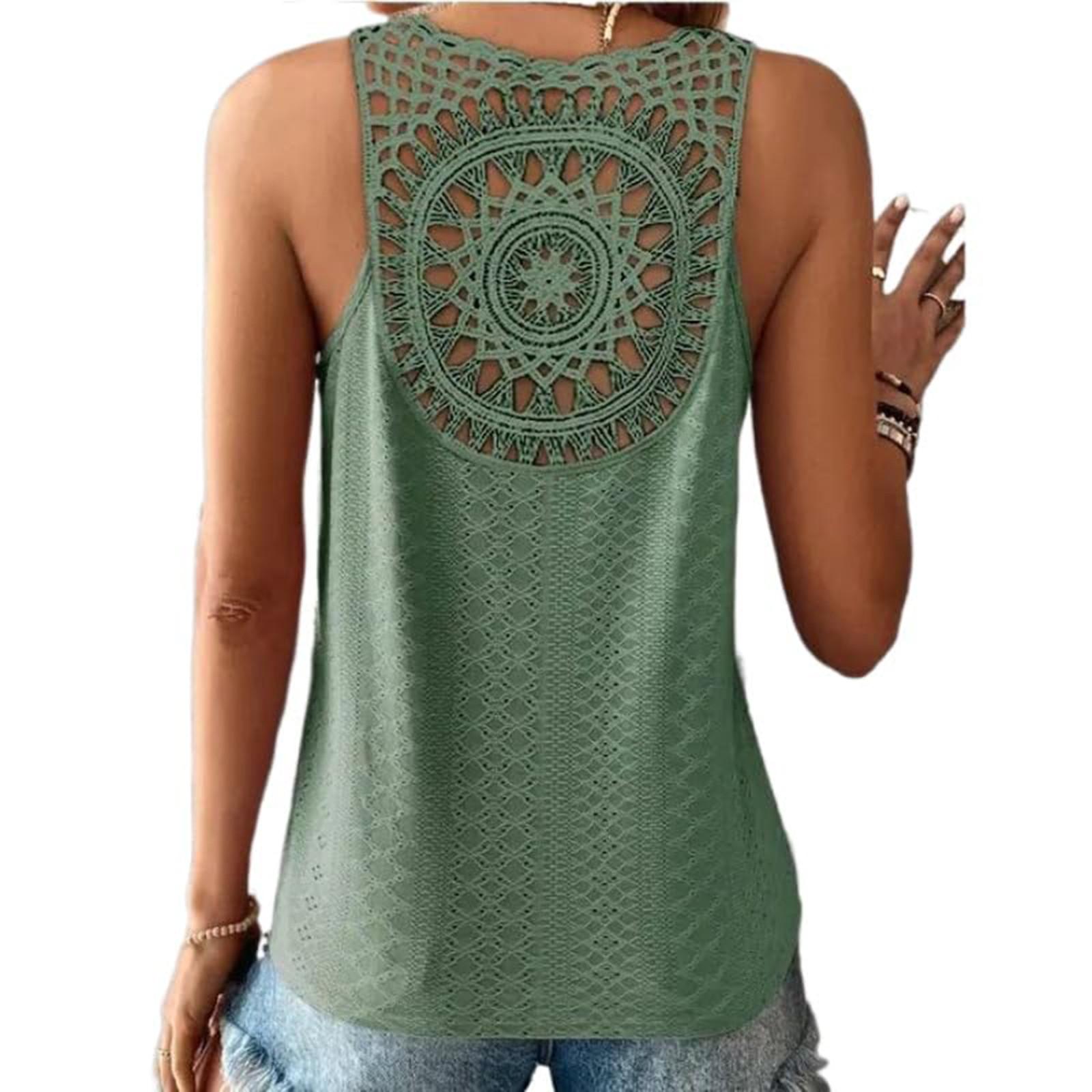 

Женская модная повседневная однотонная кружевная футболка без рукавов с открытой спиной, топ XL зелёный