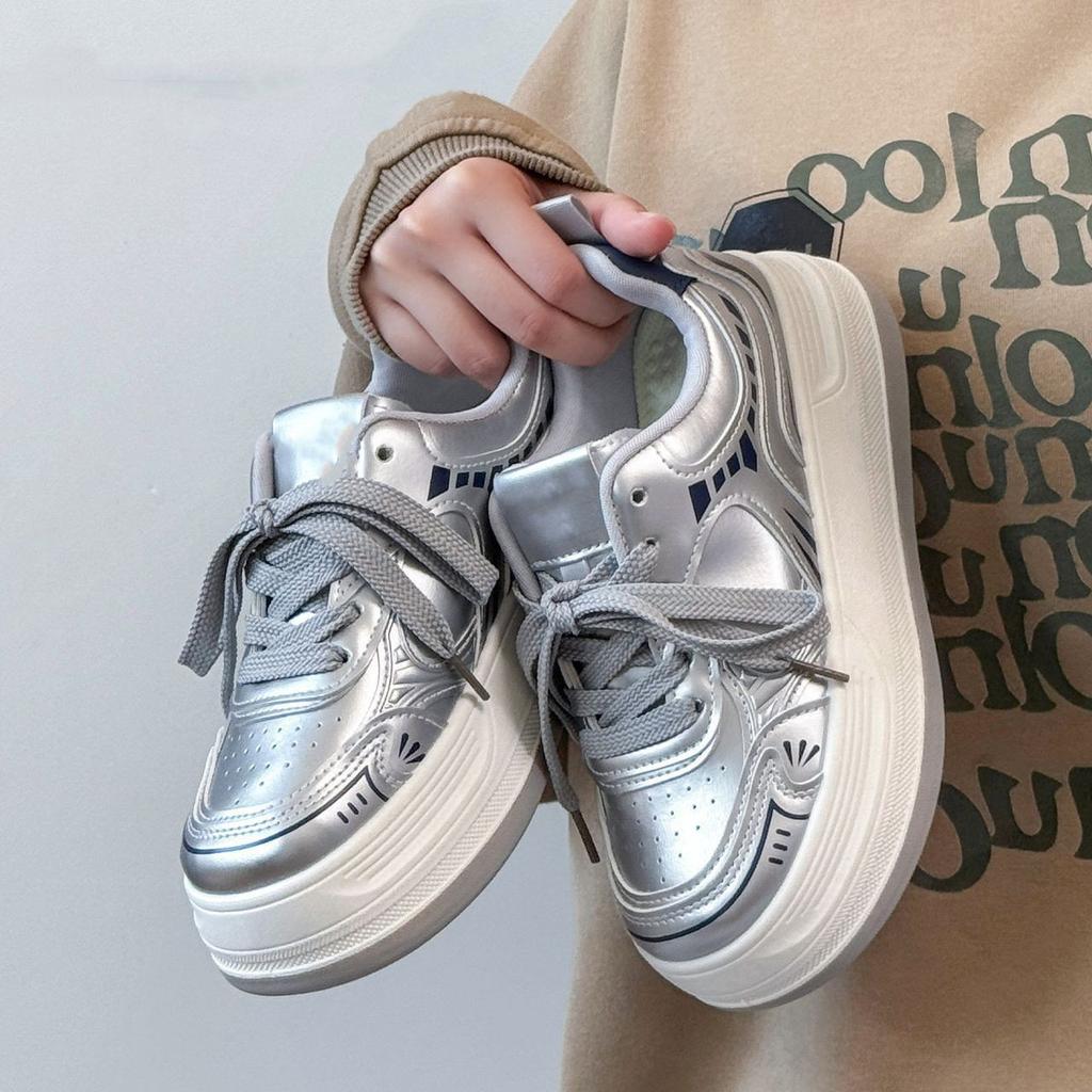 Campus Style 22 Autumn Leather Thick-soled Silver Sweet Muffin Bottom Lightweight Wear-resistant Board Shoes