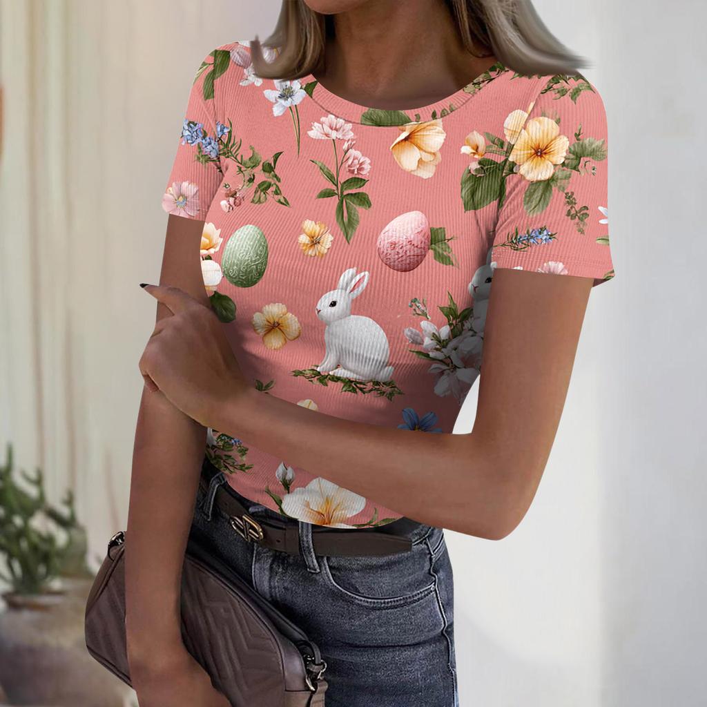 Dámský ležérní módní kulatý výstřih s velikonočním potiskem, krátký rukáv, žebrovaný top
