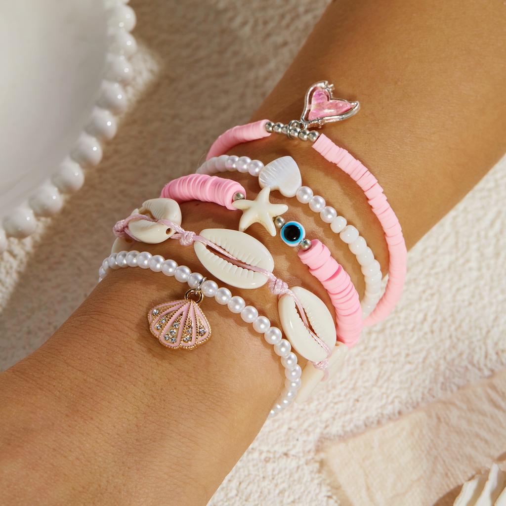 Sweet Pink Rice Bead Bow Bracelets Set for Women Bohemian Summer Shell Starfish Flower Bracelets Trendy Multi Layer Jewelry