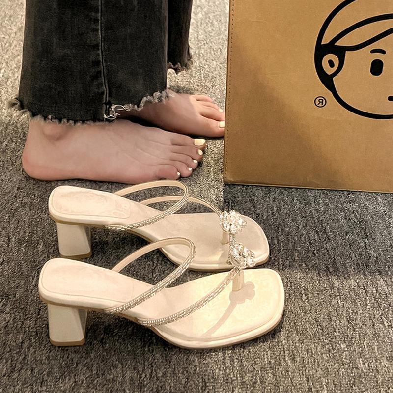 With skirt slippers women's summer wear 2025 new summer rhinestone cool slippers French thick heel beautiful high heel sandals
