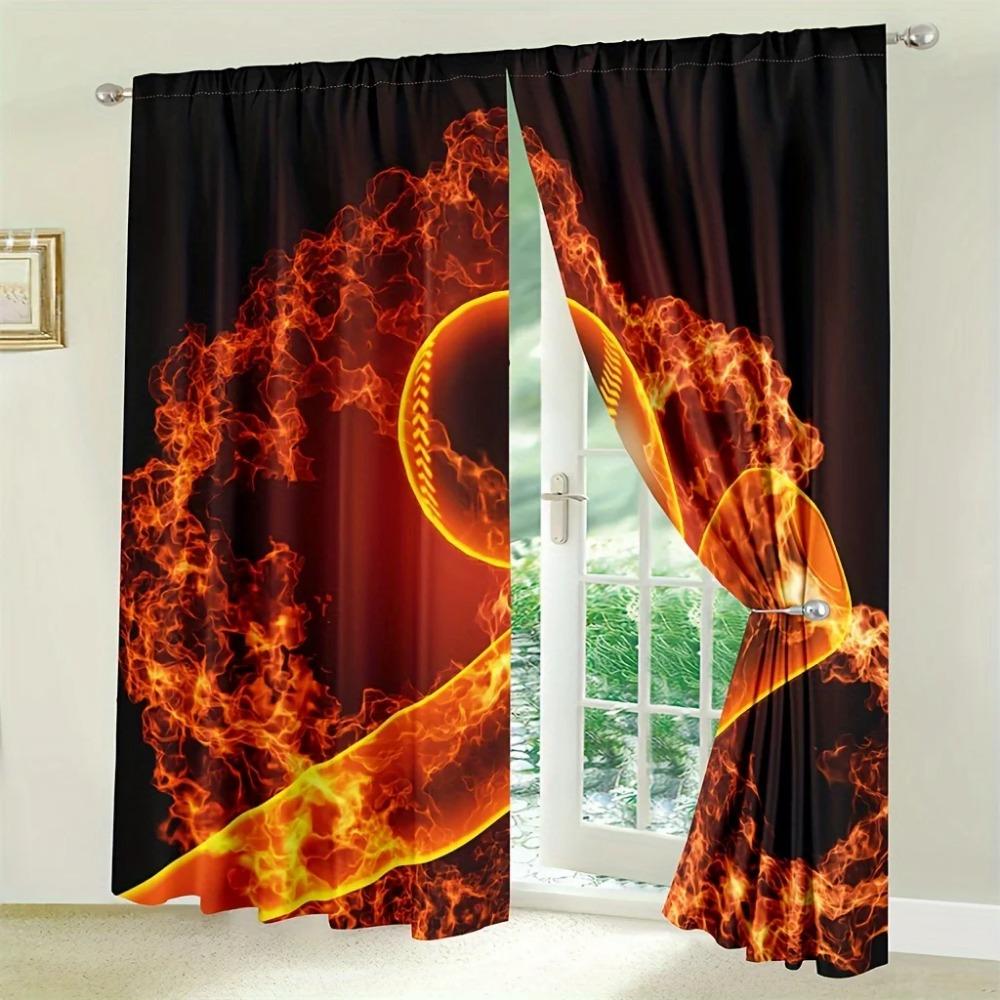 2-teilige Vorhänge Sportvorhänge Stangentasche Abstraktes Flammen Basketball-Thema Wanddekoration Jugendzimmer Herren Trendig Cool 3D-Ball-Kunst Gedruckte Vorhänge