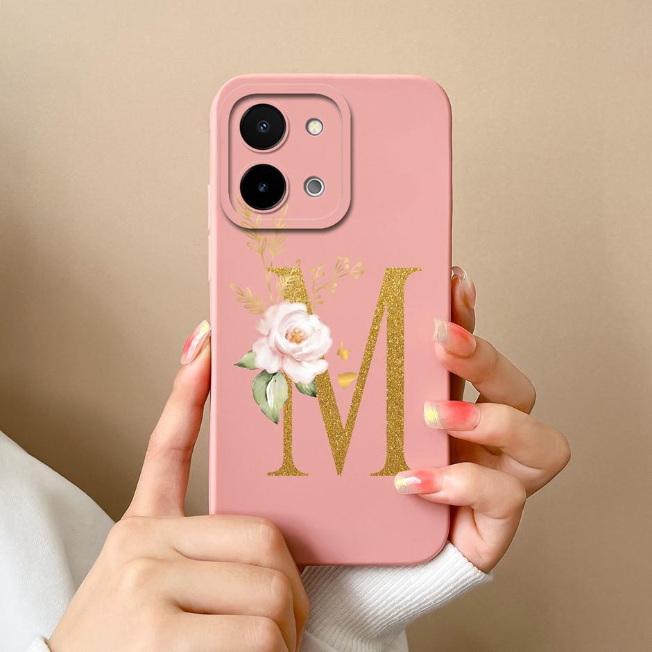 Case For Vivo Y28 4G 5G Art Flower 26 Letters Liquid Silicone TPU Back Cover For VivoY28 4G 5G Advanced Sense Couple Funda Shell