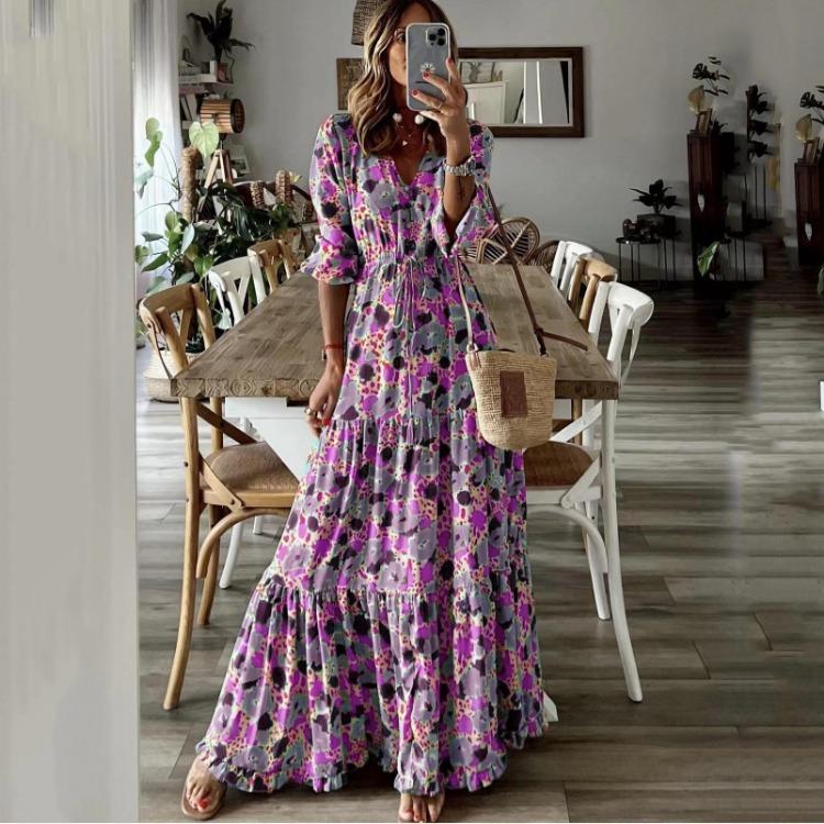Elegant Vacation Swing Style 2025 New Summer Women V Neck Printed Long Dress