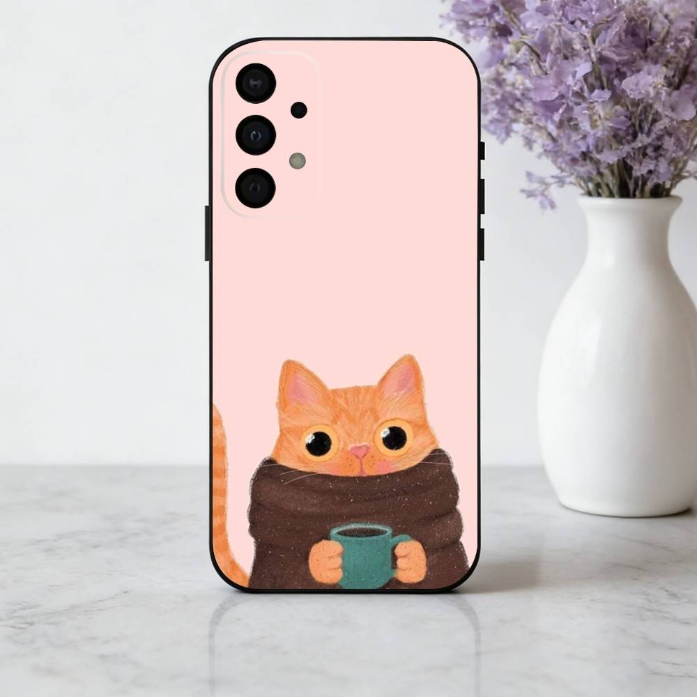 S-Striped C-Coffee Cat phone Case For Samsung Galaxy A73,A72,A71,A70,A53,A52,A51,Others Soft Black Shell