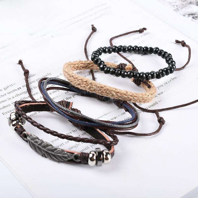 Vintage Multi-Layer Wax Rope Bracelet with Metal Leaf Charm