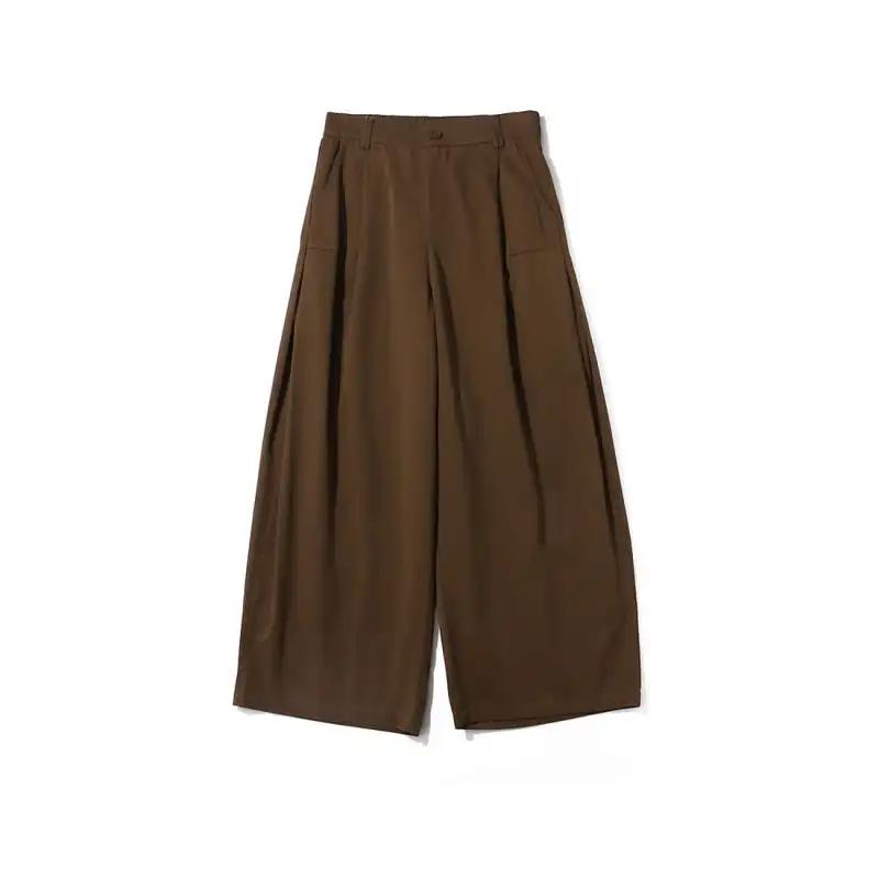 Men's Brown Wide-Leg Trousers High Waist Pleated Casual Cropped Pants