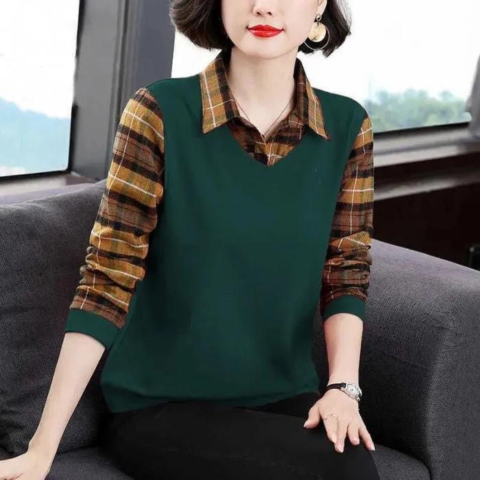 Women's Versatile Plaid Spliced Long-Sleeve T-Shirt