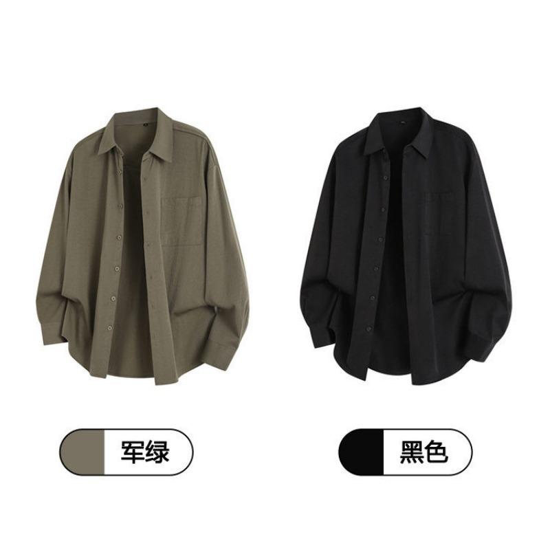 Men Solid Color Loose Casual Long Sleeve Button Up Shirt Outerwear