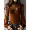 Damen Mesh Spitze Lang Fließend Ärmel Bluse Elegant Hoher Hals Schlank Passend Durchsichtig Gespleißt Korsett Stil Oberteil Party Lässiges Hemd