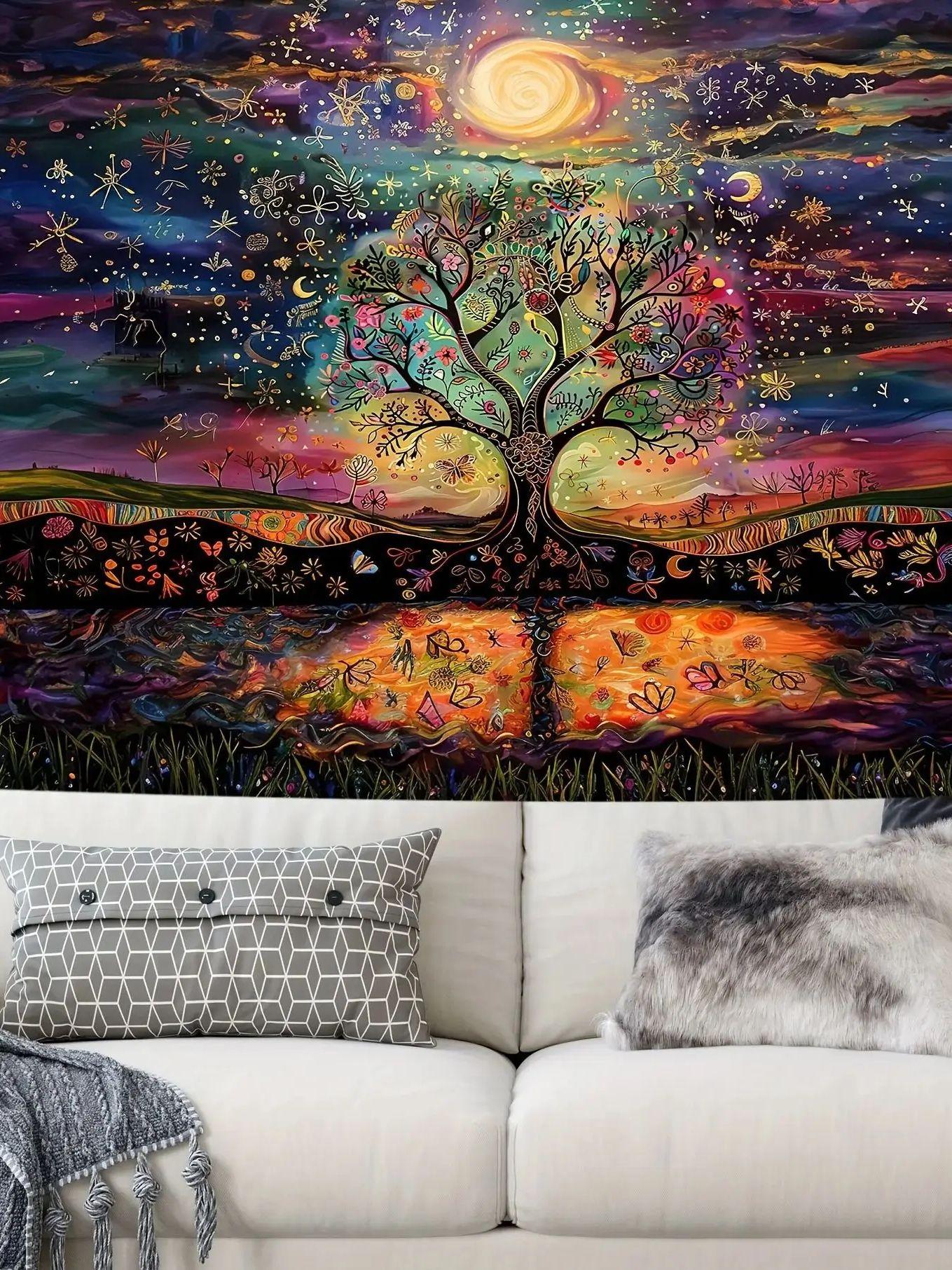 Starry Sky Tree of Life Tapestry Rainbow Gradient Stars Moon and Floral Living Room Feature Wall Room Decor 74x94cm(29x37in)