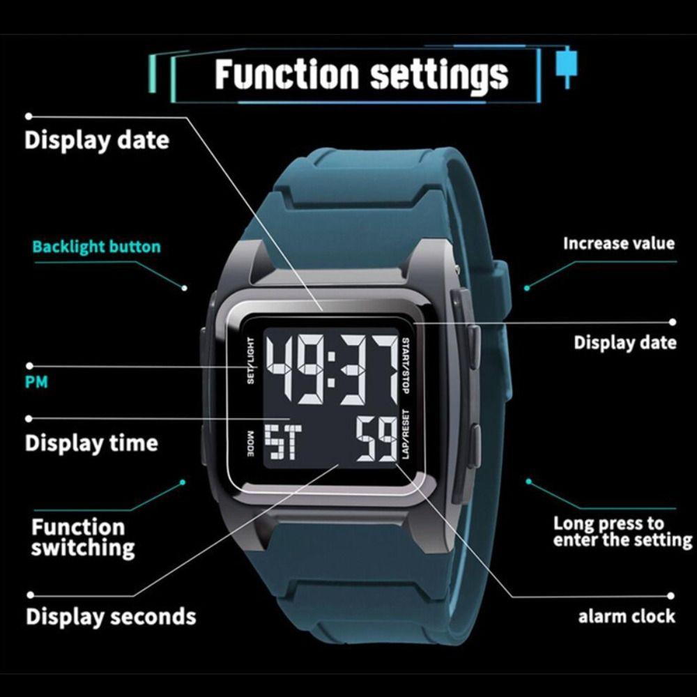 LED Display Sports Digital Watch Multifunction Glow-in-the-dark Electronic Wristwatch Stopwatch Square Quartz Watch For Men Kids