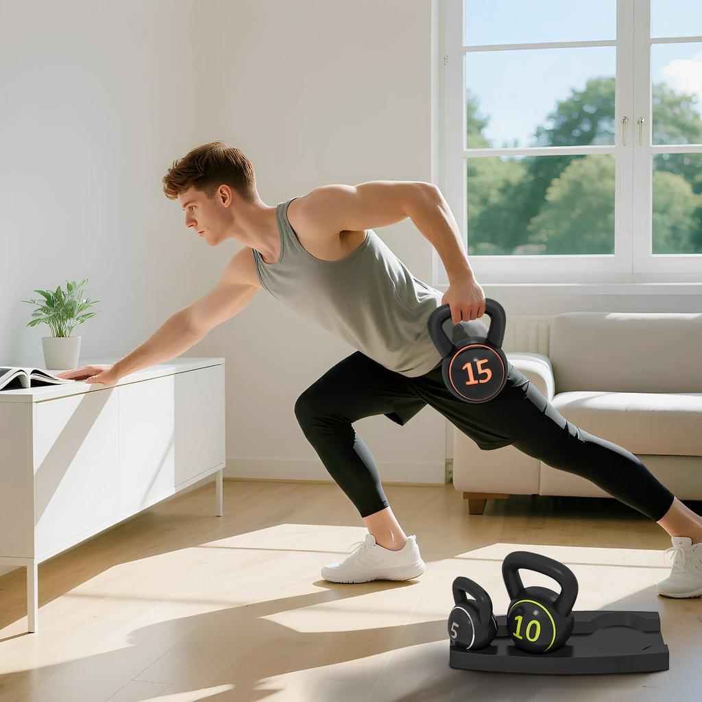 Three-Piece Kettlebell Set. 5lbs. 10lbs. 15lbs with Storage Tray