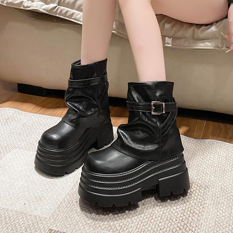 Fashion Women High Platform Ankle Boots Autumn Winter Gothic Style Leather Shoes Buckle Punk Motorcycle Boots Round Toe Chunky Sneakers