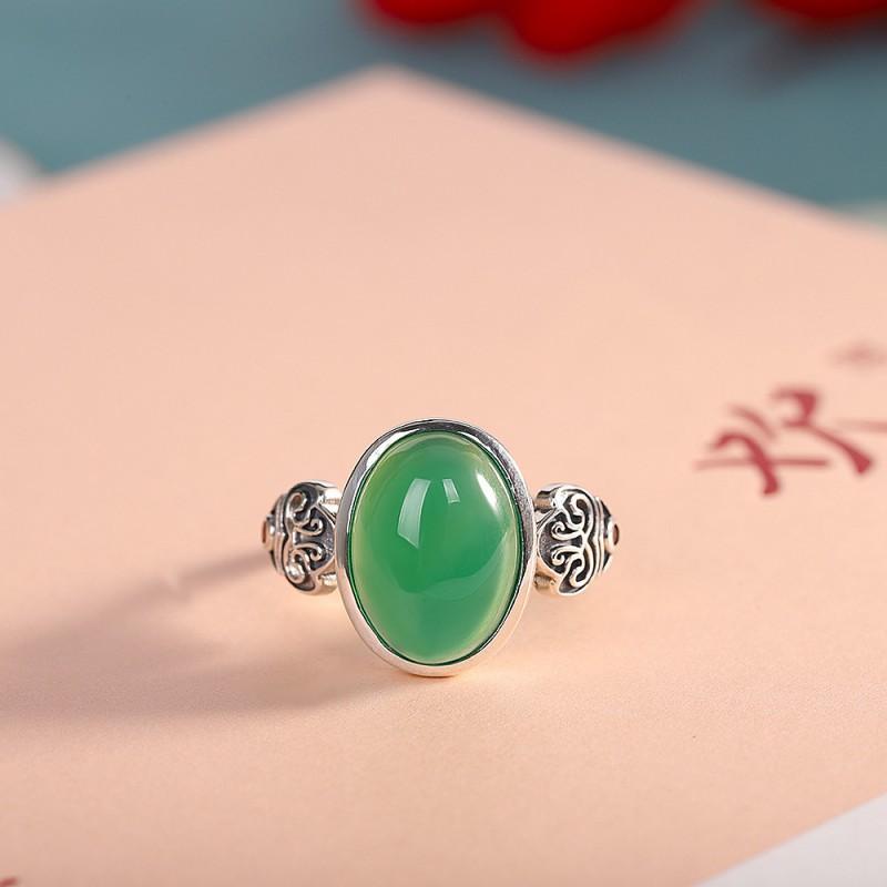 Adjustable Open Ring Women Men Vintage Geometric Green Chalcedony Stone Statement Jewelry