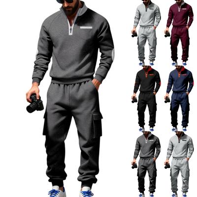 Set 2 piese hanorac cu fermoar pentru bărbați, iarnă, fleece, buzunare multiple, pantaloni de trening personalizați