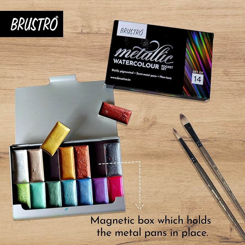 

BRUSTRO Artist Metallic Watercolour Half Pans Set of 14 14 count (Pack of 1)