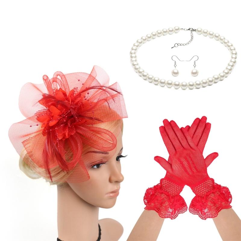 Lace Flower Fascinator Hat Hairband Necklace Gloves for Cocktails Event Dressingup Roleplay Flapper Costume Accessories