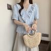 Female Lotus Leaf V-neck Plaid Shirt Light Blue Women's Short Sleeved Shirts Summer Fashion Versatile Pullover Blouses