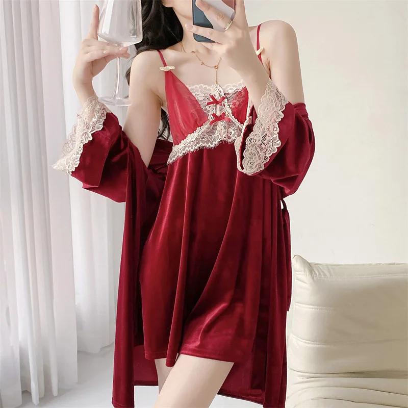 Jesienna Damska Bielizna Nocna Aksamitny 2-częściowy Zestaw Szlafroków Seksowna Czarna Koszulka Nocna na Ramiączkach Lounge Wear Lingerie Koronkowa Koszula Nocna Odzież Domowa