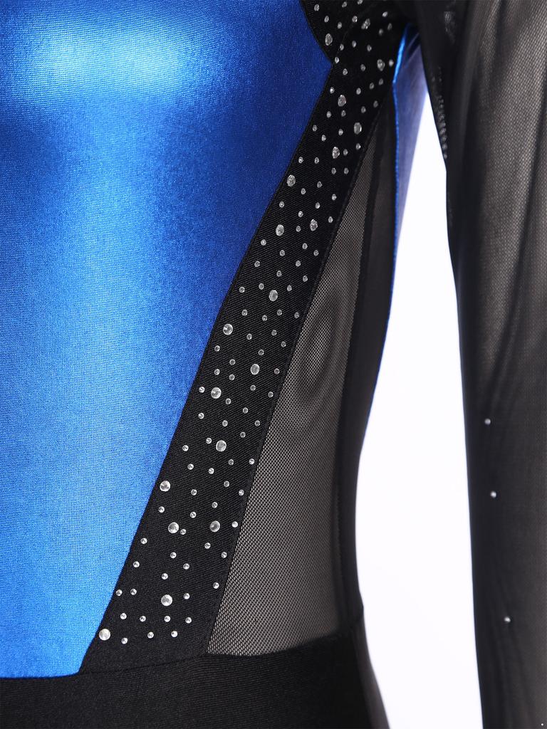 Womens Figure Skating Bodysuit Color Block Patchwork Keyhole Back Sheer Mesh Long Sleeve Rhinestone Leotard