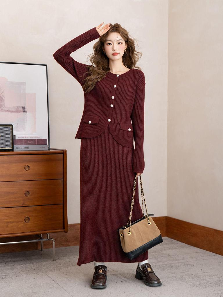 2025 Autumn/Winter Fashionable Women's Knitted Sweater Cardigan and Mid-Length Skirt Set