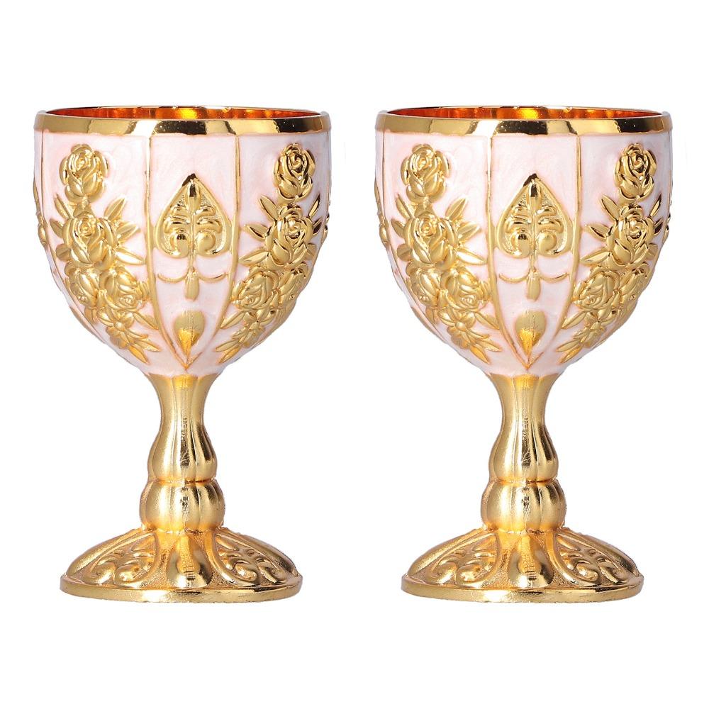 2Pcs Miniature Size Retro Decorative Goblet Golden Finish Travel Decor Ornaments Table Centerpiece