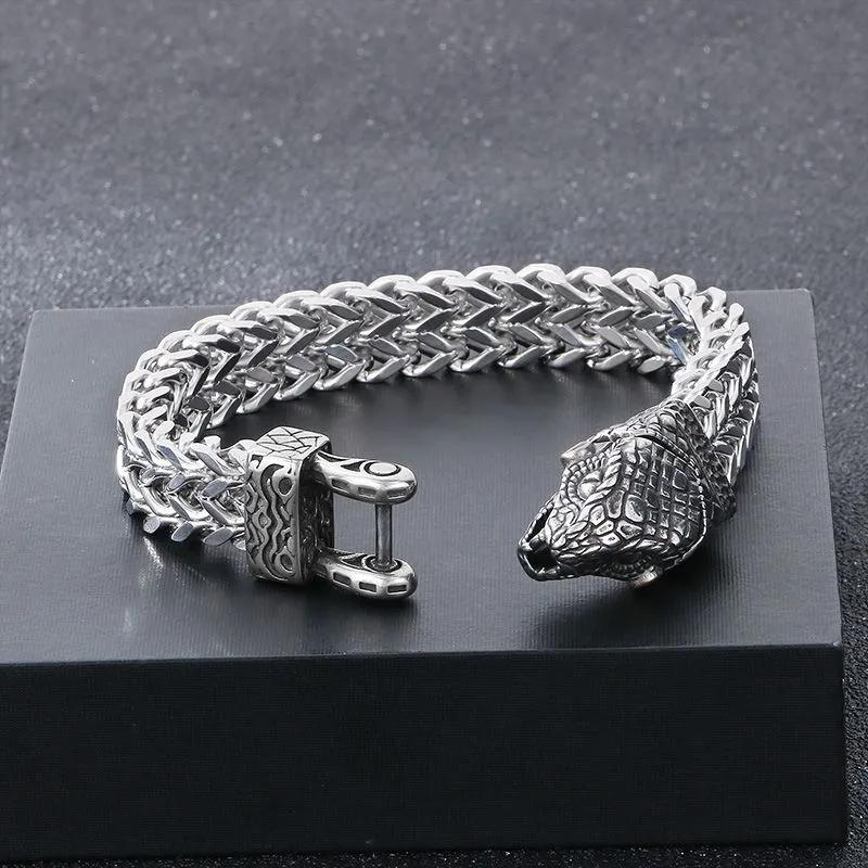 Bijuterii de Crăciun cu Șarpe Nordic Viking Cap de Șarpe Lanț Față și Spate Brățară pentru Bărbați ca Cadou pentru Prieteni