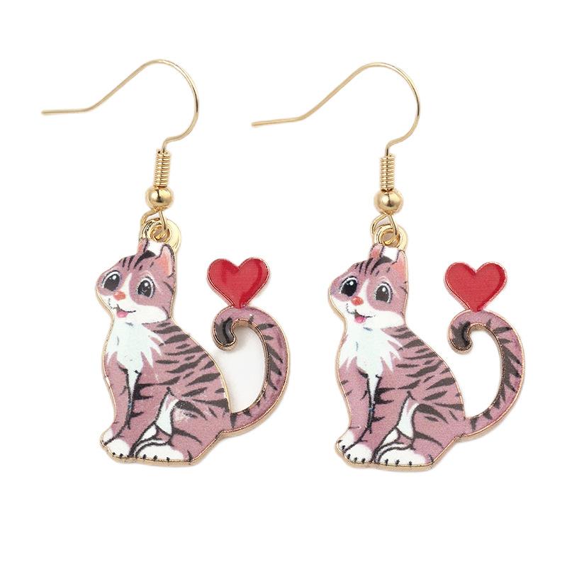 Fashion Cartoon Oil-dripping Printed Animal Cat Heart-shaped Dangle Earrings for Women Cute Kitten Jewelry Accessories Gifts