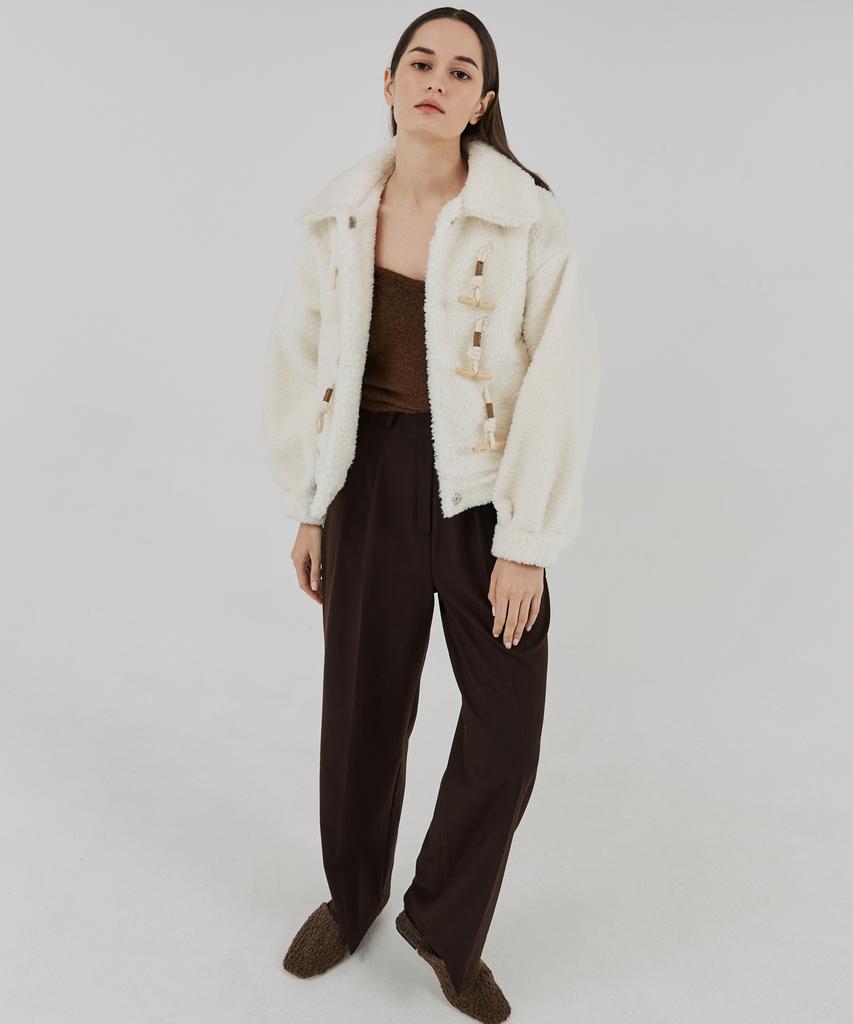 THEFRHT Double-Pleat Button Wide Wool Pants (Brown)