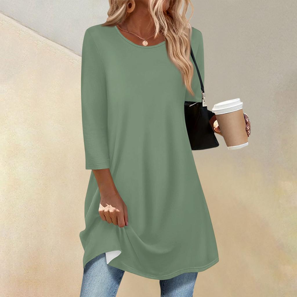 Women's Fashion Casual Three-quarter Sleeve Long Solid Color Round Neck Top