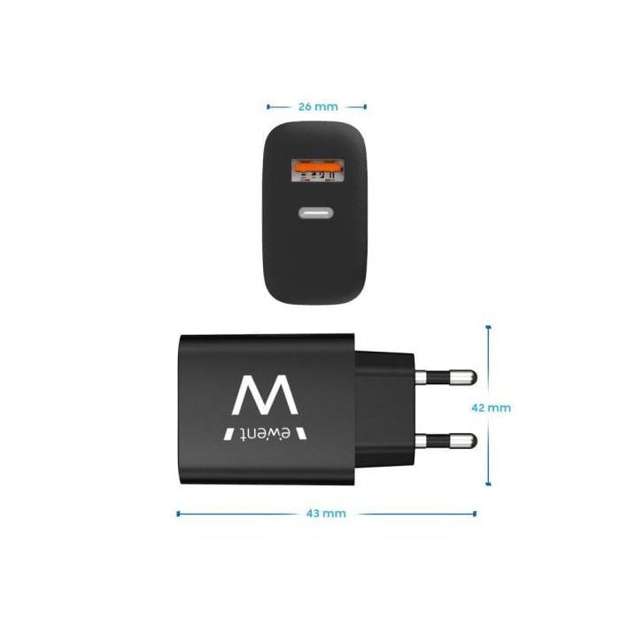 Chargeur Rapide USB-C 20W - Ewent - EW1319 - Compatible iPhone 15/14 - Protection Surchauffe - Noir