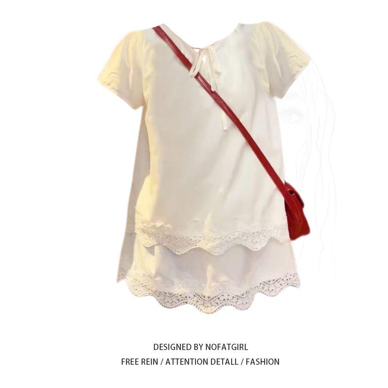 

Plus Size Chubby Girl Pure Desire Wave Cut Out Layered Lace French Shirt Women s Summer Loose Temperament Chic Shirt Short sleeve M