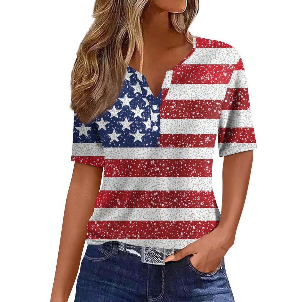 Women's Fashion Casual Independence Day Printed V-Neck Short Sleeve Button Top