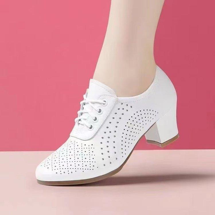 

Spring and summer women s shoes breathable medium and high heels small leather shoes dancing women s shoes hollow breathable casual shoes 35 білий
